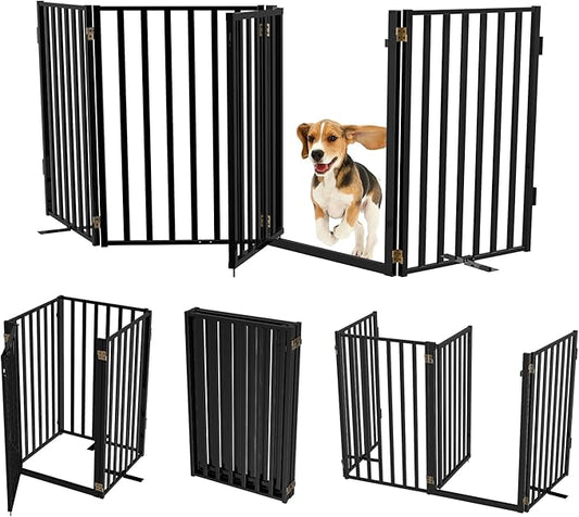 Full Metal Freestanding Dog Gates with Door, 32" Height Dog Fences for Indoor & Outdoor, Extra Wide Foldable Pet Gates for Stairs, Hallways, Doorways, Yard (4 Panels, 80" W × 32" H)