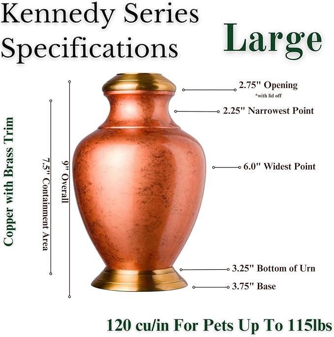 Kennedy Legacy Copper Pet Urn, Brushed Brass Lid & Base - Large for Pets up to 120lbs