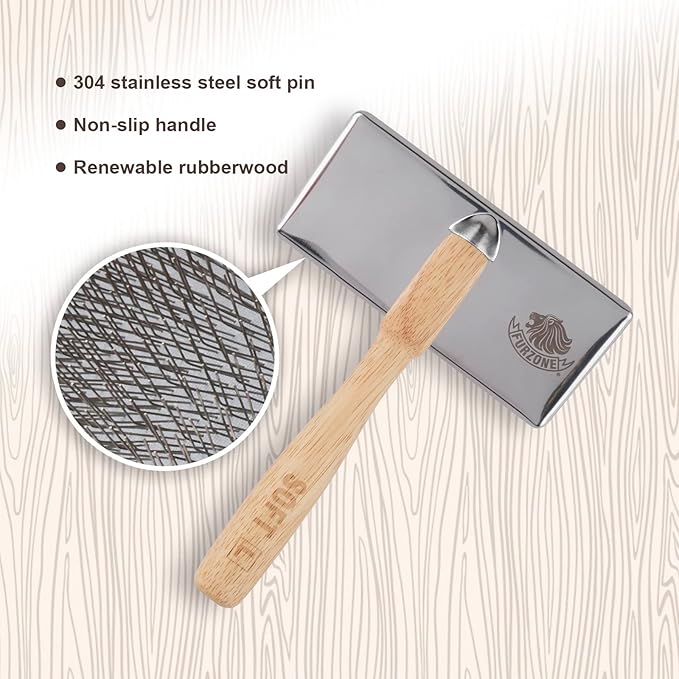 Furzone Wooden Slicker Brush - Stainless Steel Soft Pins for Pet Grooming (Size M)