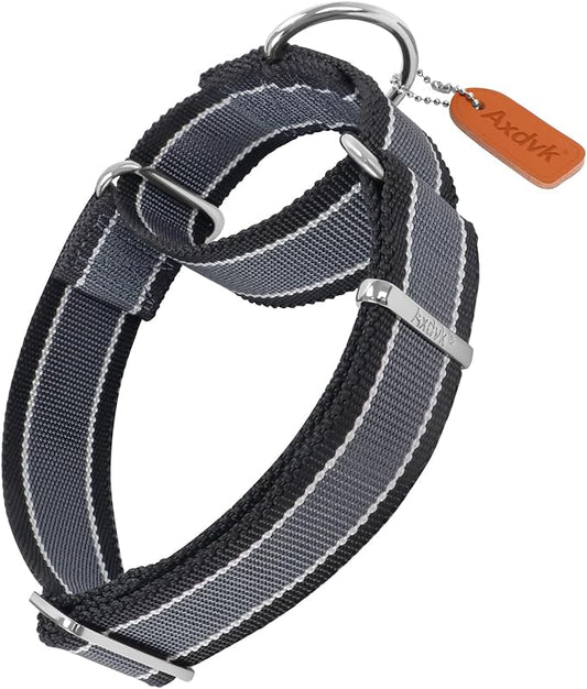 Martingale Collar 1.5 Inch Wide 1600D Extra Strong Anti Escape Nylon Dog Collar, No Pull Heavy Duty Pet Collars with 3-Color Stripe for Large to XLarge Dogs(XL, Gray Blue & Black)