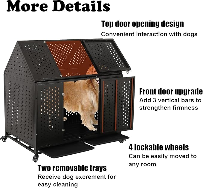 44 Inch Heavy Duty Indestructible Dog Crate with Wheels, Steel Escape-Proof Indoor Double Door High Anxiety Cage, Durable Chew-Proof Kennel with Removable Tray for Large Medium Dogs