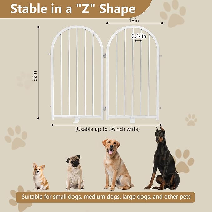 Full Metal Dog Gate for Indoor Outdoor, 32" Tall Free Standing Pet Dog Fence, 36" Wide Arched Pet Gates for Stairs, Hallways, Doorways, Kitchen, Decks, Yards (White, 2 Panels)