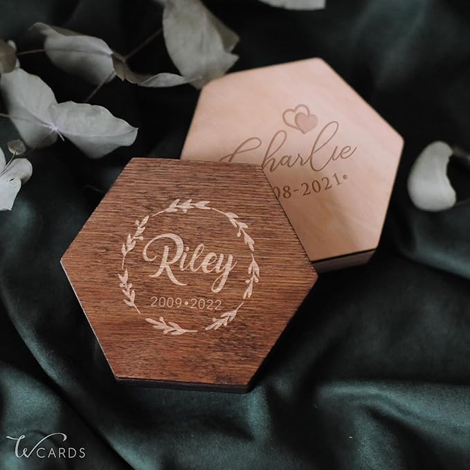Personalized Pet Hair Keepsake Box for Dog and Cat Fur - Engraved Wood Memorial Box - Unique Customized Gift for Loss of Furry Friend Wooden (Dark Diamand Wood Lid)