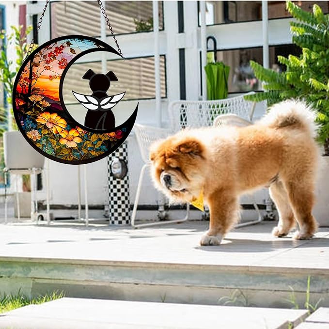 Dog Memorial Gifts for Loss of Dog Suncatcher, Black Angel Dog on Sunset Moon Dog Beverage Glass Ornaments Decor Window Wall Sympathy Gift for Dog Lover