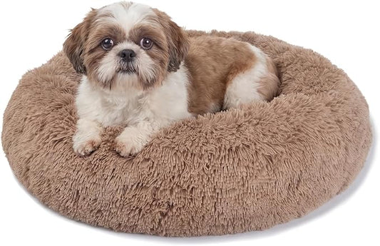 Calming Donut Dogs Beds for Small Dogs Washable,23inch Plush Round Pet Bed for Cozy Sleep,Fluffy Faux Fur Large Cat Bed,Fits up to 25 lbs Pets,Camel