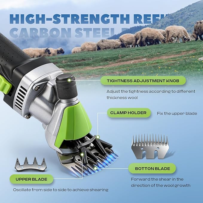Sheep Shears Professional 850W 2400RPM Heavy Duty with 4 Blades (13-Teeth Straight/13-Teeth Curved/9-Teeth Straight/9-Teeth Curved) 6 Speed Adjustable for Thick Coat Animal (Size: 13.8*3.6")