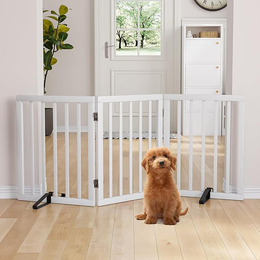Semiocthome Bamboo Freestanding Dog Gates for Doorways,3-Panel Indoor Puppy Gates for the House with 2 Metal Stands,24"H Folding Pet Gate for Stairs Expands Up to 55"W Fully Assembled Stair Gate White