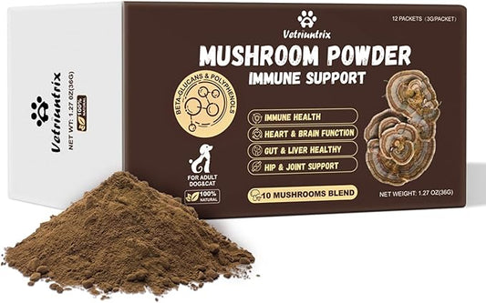 Turkey Tail Mushroom for Dogs, Organic 10 Mushroom Blend for Lipoma Lumps and Bumps, Probiotic Mushroom Powder with 50% β-Glucan for Dogs & Cats, Joint Gut Immune Skin Support - 36g