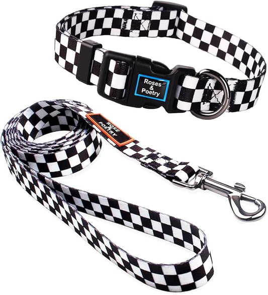 Roses&Poetry Dog Collar and Leash for Medium Large,Adjustable Durable 5ft Puppy Leash Collar for Dog Training Lead（Black & White-M）