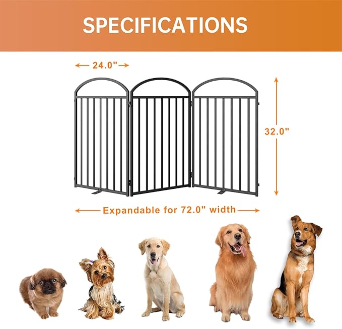 3 Panels Full Matel Freestanding Dog Gates, 72" Extra Wide 32" Tall Free Standing Dog Pet Gate for Indoor & Outdoor. Foldable Pet Fences for Doorways, House, Stairs, Porch, Deck, Yard