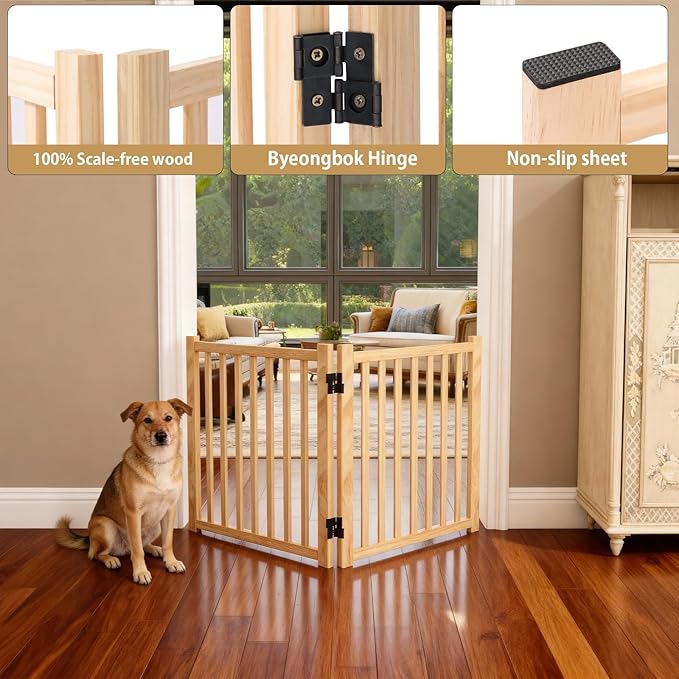 Wood Freestanding Dog Gates, Paint-Free Nature Wood Pet Gate Indoor, Puppy Gate for Doorways, Stairs, 23" Height-2 Panels