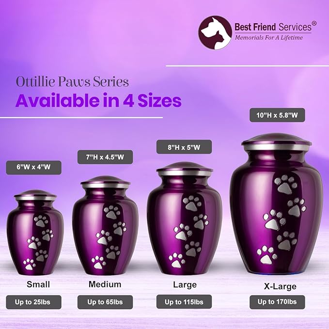 Ottillie Paws Legacy Series Pet Urn for Dogs, Handmade Aluminum Memorial Cremation Urn (X-Large - Pets up to 170 lbs, Deep Violet, Vertical Pewter Paws)