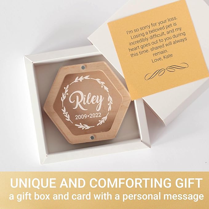 Personalized Pet Hair Keepsake Box for Dog and Cat Fur - Engraved Wood Memorial Box - Unique Customized Gift for Loss of Furry Friend Wooden (Dark Diamand Wood Lid)