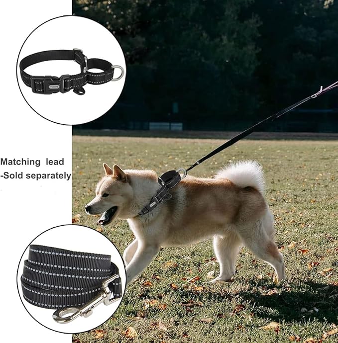 Reflective Martingale Collar for Dogs with Quick Snap Buckle Anti-Pull Nylon Safe Slip Collars for Easy Walking,Black,XSmall