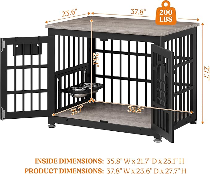 Lulive Dog Crate Furniture 37.8" Wooden Dog Kennel Table with Bowls Heavy Duty Dog Crates for Small/Medium/Large Dogs, Dog Kennel Furniture Indoor as TV Stand End Table,Grey