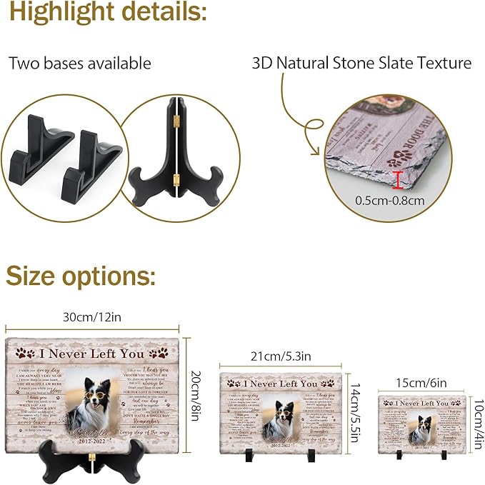 Bemaystar Personalised Dog Memorial Gifts for Loss of Dog Custom Dog Memorial Stone Plaque Pet Memorial Gifts for Dogs Cat Natural Slate Plaque Gifts with Display Stand Background Color Optional-S