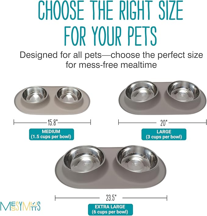 Messy Mutts Double Silicone Feeder with Stainless Bowls | Non-Skid Food Dishes for Dogs for All Pets | Dog Food Bowls | Extra-Large, 6 Cups Per Bowl | Grey
