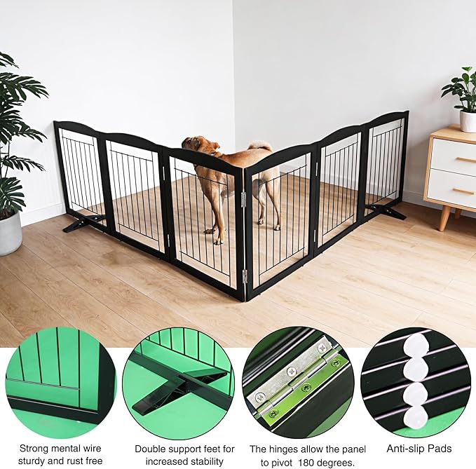 Dog Fence Indoor,Dog Gate Indoor for Doorway pet gate -6-Panel Freestanding, Hallways, House or Stairs -120x24-Inch Retractable Foldable Expandable Wood Pet by SFJC (Black) ﻿