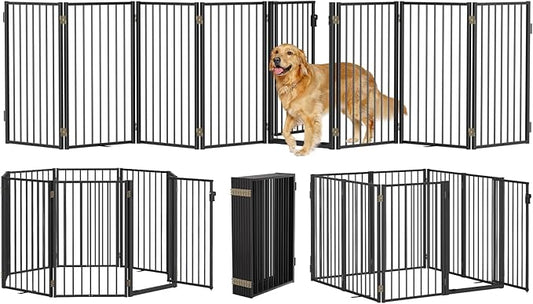 Metal Freestanding Dog Gates with Door for Outdoor Indoor,160'' Extra Wide 32'' Tall Free Standing Dog Gate for Doorways,Large Openings,Deck,Yard,Porch,Foldable Pet Fence(Black,8 Panels)