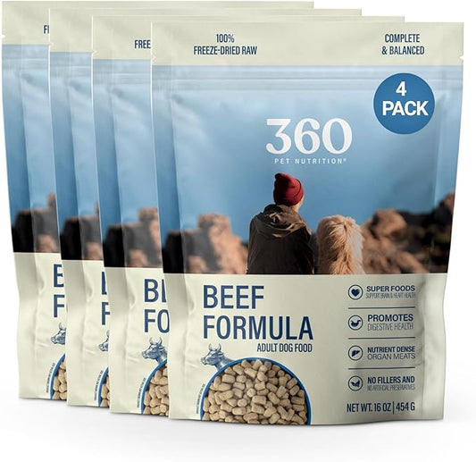 360 Pet Nutrition Freeze-Dried Raw Dog Food – Beef Recipe with Liver & Organs, High Protein with Omega-3s, Fruits, Veggies & Superfoods, Grain-Free, No Filler 4 x 16 oz Made in USA