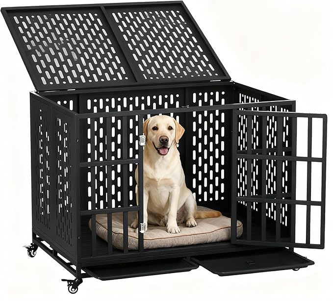 44 inch Heavy Duty Dog Crate with Wheels, Indestructible Escape-Proof Steel Pet Kennel for High Anxiety Large Medium Dogs, Chewproof Indoor Double Door Dog Kennel with 2 Trays, 3 Locks, XL