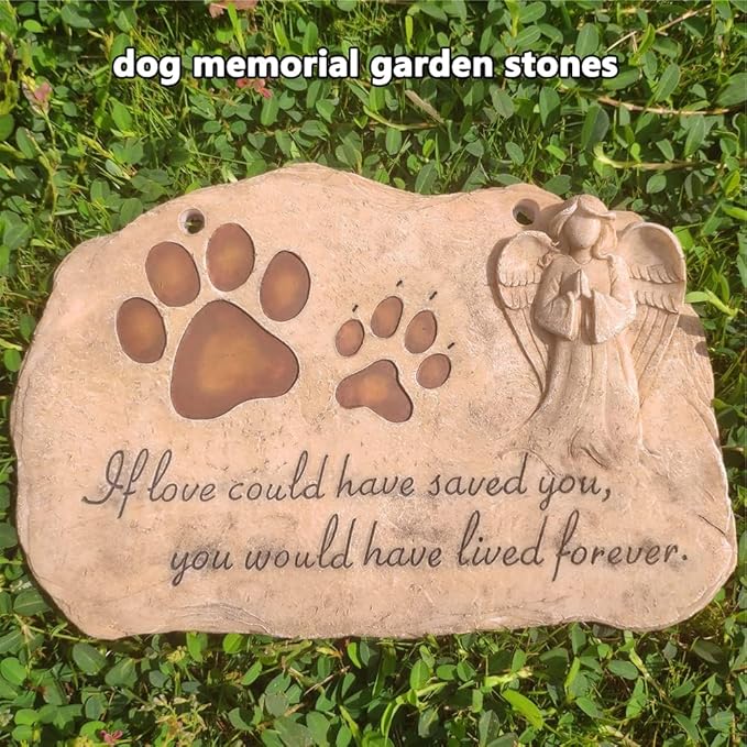 jinhuoba Pet Dog Memorial Stones Headstones Plaques with Angel, Sympathy Paw Prints Pet Dog Memorial Gifts Loss Gifts Remembrance Gift Grave Stones for Dogs or Cats Outdoors, 11" x 7.5"