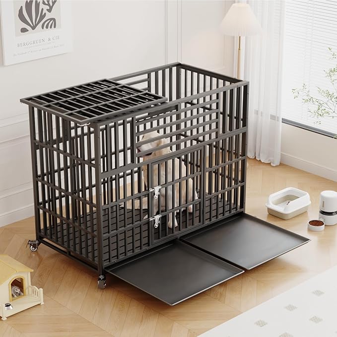56'' Indestructible Heavy Duty Dog Crate, Extra Large Pet Cage Escape-Proof Strong Steel Impact for High Anxiety Giant Dogs, Sound Proof Chewproof Kennel Double Doors with Wheels and Trays, XXL