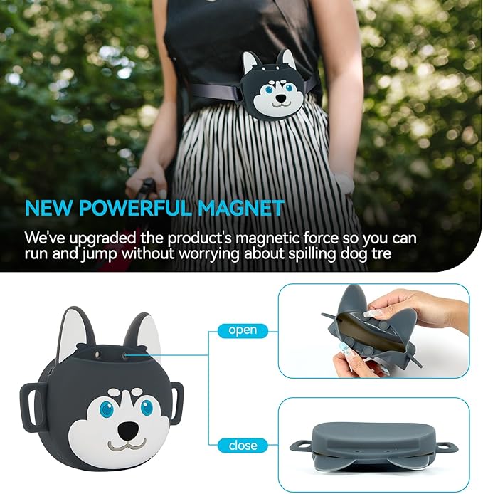 Dog Treat Pouch with Clicker Magnetic Closure, Silicone Fanny Pack for Pet Training,Adjustable Waist Belt, Leak-Proof, Ideal for Walking Training (Husky)