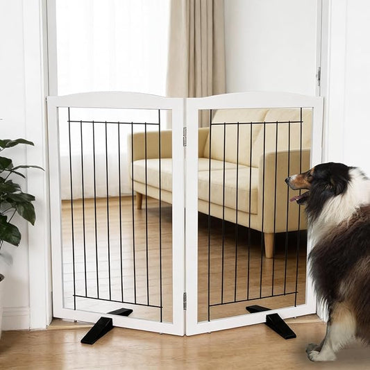 Dog Fence Indoor,Dog Gate Indoor for Doorway pet gate -2-Panel Freestanding, Hallways, House or Stairs -40x32-Inch Retractable Foldable Expandable Wood Pet by SFJC (White) ﻿