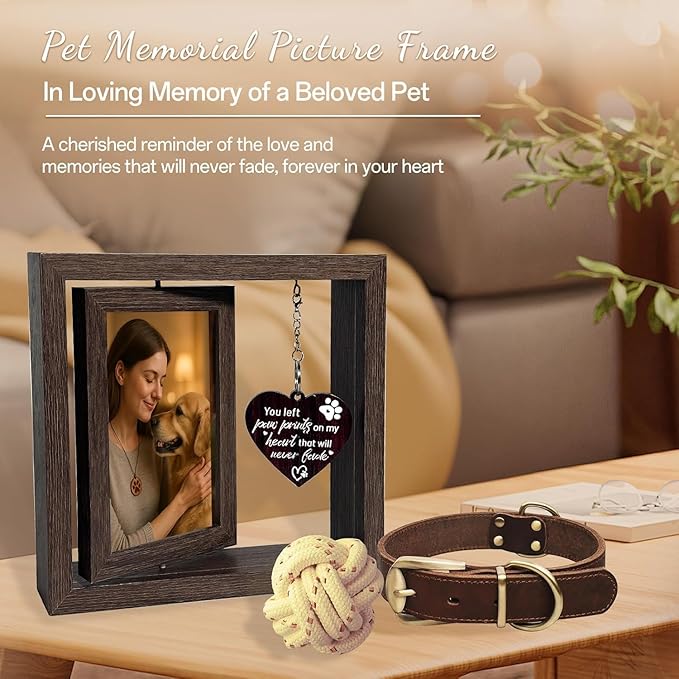 Pet Memorial Gifts for Dogs Cats, Rotating Wooden Dog Picture Frame4x6 Photos,Double-sided Design, Hold Two 4 x6 Photos, Loss of Dog Sympathy Gift, Pet Loss Sympathy Passing Away Gift Keepsake