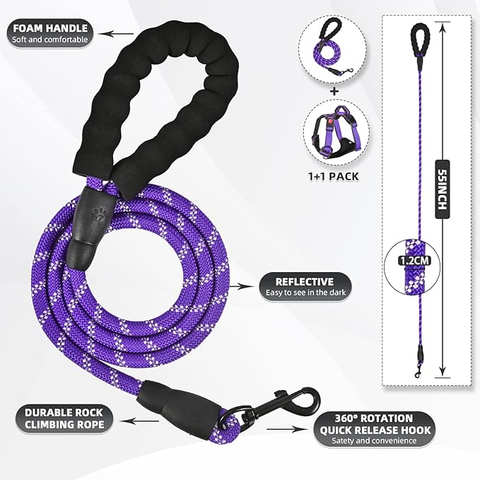 No Pull Dog Harness, Adjustable Soft Padded Dog Vest, Reflective No-Choke Pet Oxford Vest with Easy Control Handle for Small and Large Dogs (Purple, X-Large)