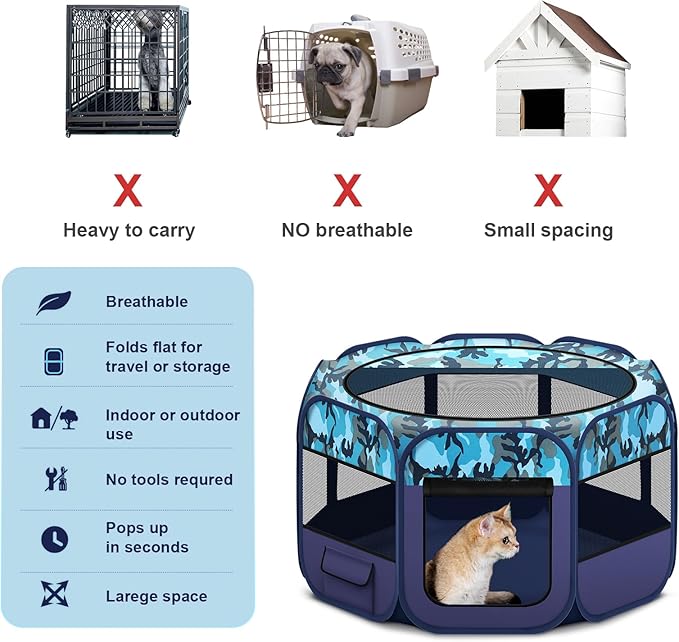 Dog Playpen, Pet Playpen, Portable Cat Playpen, Foldable Puppy Playpen Exercise Kennel Tent with Carry Case Collapsible Bowl,Water-Resistant Shade Cover for Indoor Outdoor Travel （Bule,Medium