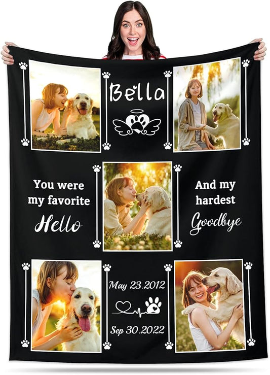 Pet Memorial Blanket Gift - Personalized Dog Memorial Blanket with Photo Name, Pet Sympathy Gifts for Dogs Lovers, Custom Loss of Dog Grief Blankets, Pets Remembrance Bereavement Gifts (5 Photos)