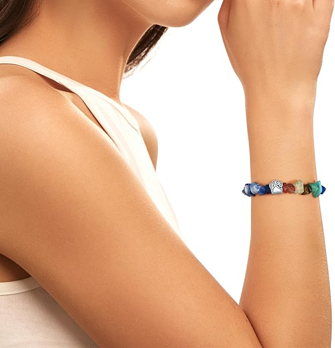 Rainbow Bridge Pet Memorial Bracelet - 7 Colors Chakra, Sympathy Gift for Loss of Dog or Cat, 7MM Mixed Color Gravel Stone, Bracelet for Grieving Pet Owners