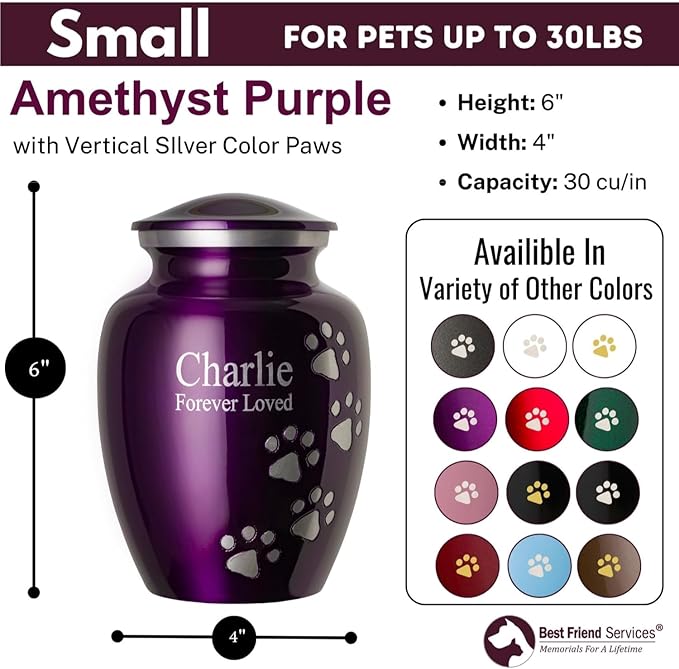 Ottillie Paws Premier Series Pet Urn for Dogs and Cats with Personalized Laser Engraving (Small - Pets up to 25 lbs, Amethyst Purple with Vertical Pewter Paws)