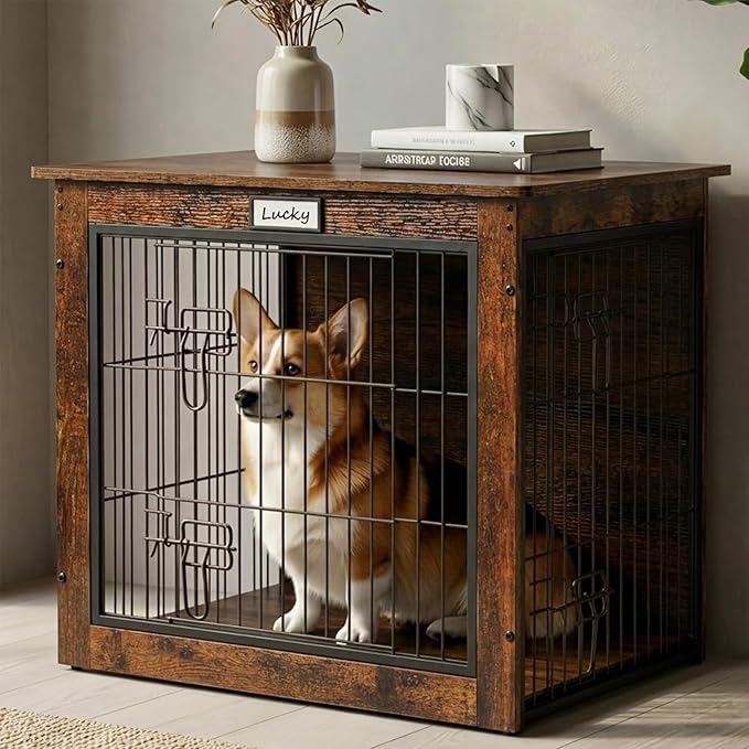 Dog Crate Furniture with Reversible Side Door, 28'' Heavy Duty Wooden Dog Kennel Indoor for Small Medium Dogs, Furniture Style Dog Cage with Double Locks, Steel Mesh, Rustic End Table Dog Crate