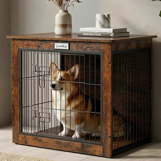 Dog Crate Furniture with Reversible Side Door, 28'' Heavy Duty Wooden Dog Kennel Indoor for Small Medium Dogs, Furniture Style Dog Cage with Double Locks, Steel Mesh, Rustic End Table Dog Crate