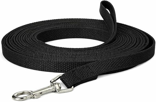 Cotton Dog Training Lead, 20ft, Black, Soft Woven Dog Training Leash for Obedience, Recall, and Control Training