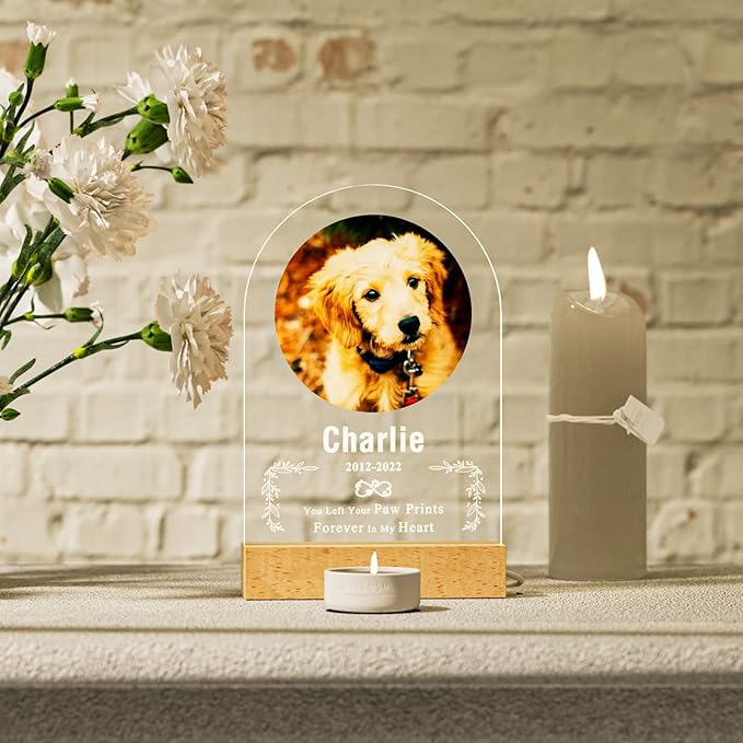Bemaystar Personalized Dog Memorial Gifts Custom Dog Memorial Night Lights for Grieving Pet Owners, Pet Loss Gifts Cat memorial gifts Loss of Dog Sympathy Gift with Picture Name Date Custom Plaque