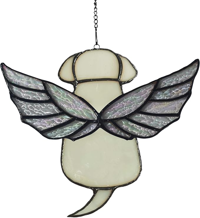 Stained Glass Rainbow Wing Angel Dog Memorial Gift for Loss of Dog Bereavement(White)