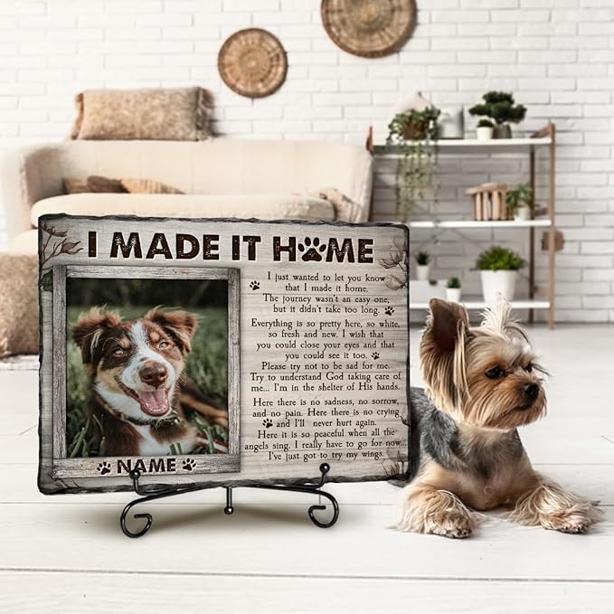 Personalized Rock Plaque: 'I Made It Home' - White Memorial Stone Gifts for Loss of Your Beloved Pet, Sentimental Dog and Cat Grave Markers in Our Hearts, House Decoration