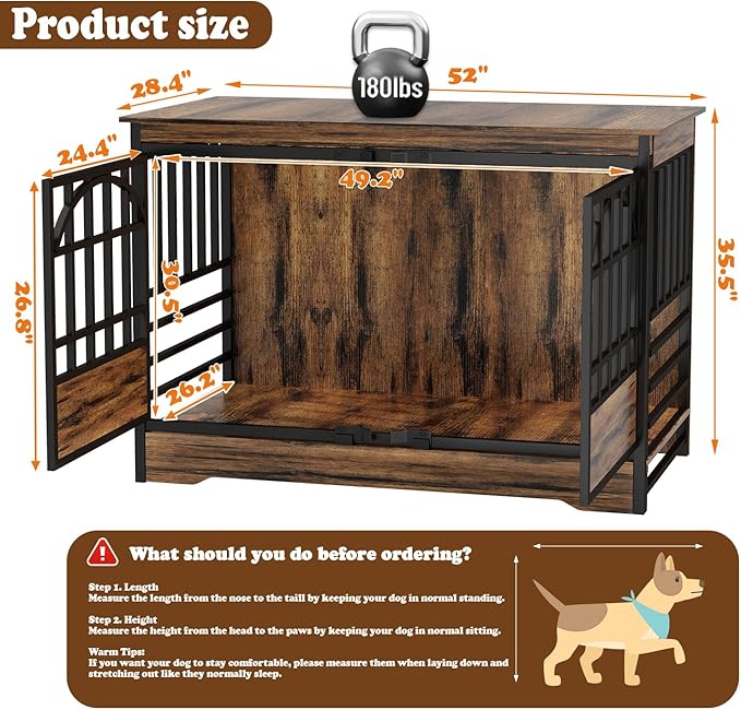 COZPAW 52 Inch Dog Crate Furniture, Extra Large Dog Kennel Indoor for XLarge Breed, Heavy Duty Dog Cage with Double Elegant Arched Doors, Decorate as TV Stand & End Table (Cognac Brown)