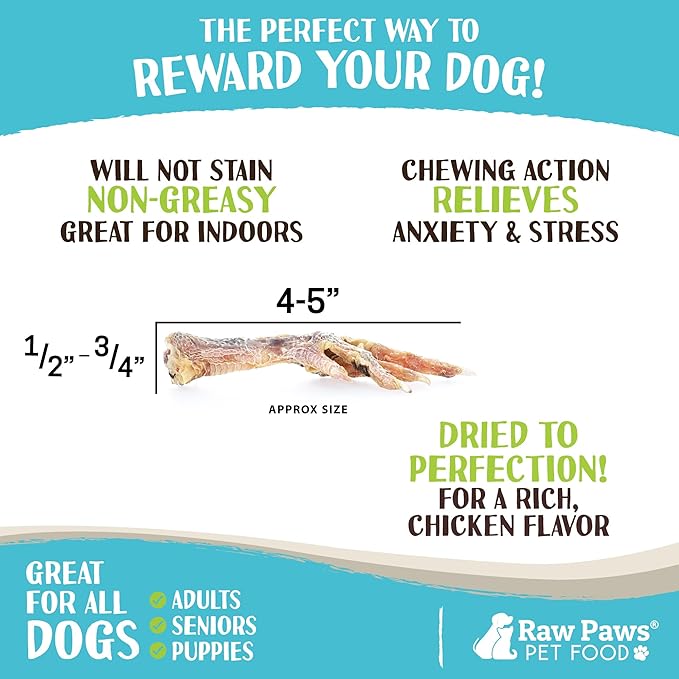Raw Paws Dried Chicken Feet Dog Treats (10 Count) - Packed in USA - Dehydrated Chicken Feet for Dogs - Natural, Single Ingredient Chews