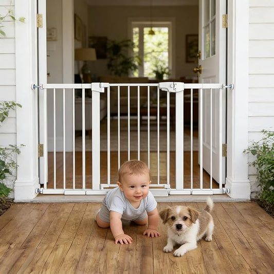 Easy Step Walk-Thru Baby Gate – Adjustable Safety Gate for Babies & Pets, Pressure Mount Kit, Includes Wall Cups – 29.7-59.8W x 30.5H, Auto-Close White