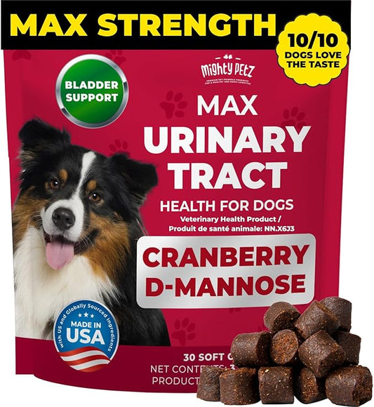 Mighty Petz MAX Cranberry for Dog UTI Treatment - MAX Strength Cranberry Supplement for Dogs + D-Mannose. Bladder Control for Dogs. Urinary Tract Care & Kidney Support Chews