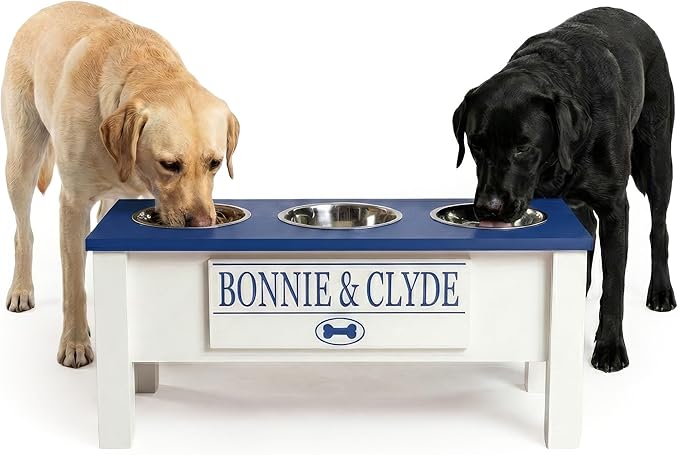 GTW Elevated 3 Bowl Dog Feeding Station - Customized Triple Stand for Large Dogs - Includes Storage & Stainless Steel Bowls (Large, Blue)