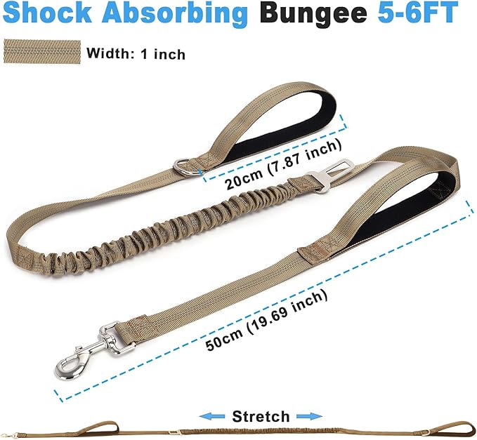 5FT Double Handle Tactical Dog Leash with Shock Absorption, Reflective Heavy Duty Bungee Dog Leash for Medium Large Dogs No Pull Walking Training, Coyote Brown