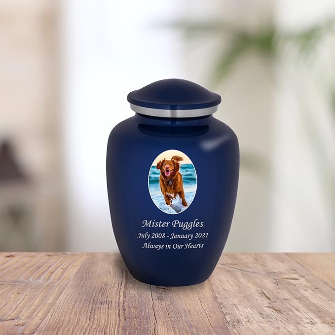 Homage Medium Custom Photo Pet Cremation Urn for Pet Ashes - Vase Style Pet Urn - 80 Cubic Inch Capacity - Personalization Included (Sapphire Blue)