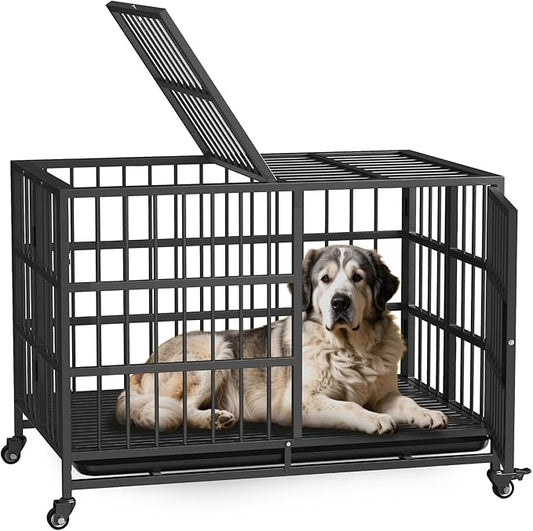 38in Heavy Duty Indestructible Dog Crate with Wheels, Rust-Resistant Folding XL Dog Cage Suitable for Medium to Large Dogs, New Upgrade Single-Handed Latch, Removable Tray, Max Load 400Lbs