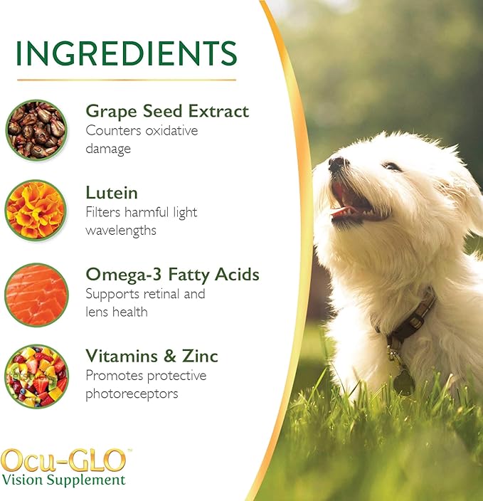 Ocu-GLO Cat & Dog Supplement for Eye Support - Chewable Vision Vitamins Supplements for Large and Small Pets Care with Lutein, Omega-3 Fatty Acids, Grape Seed Extract & Antioxidants